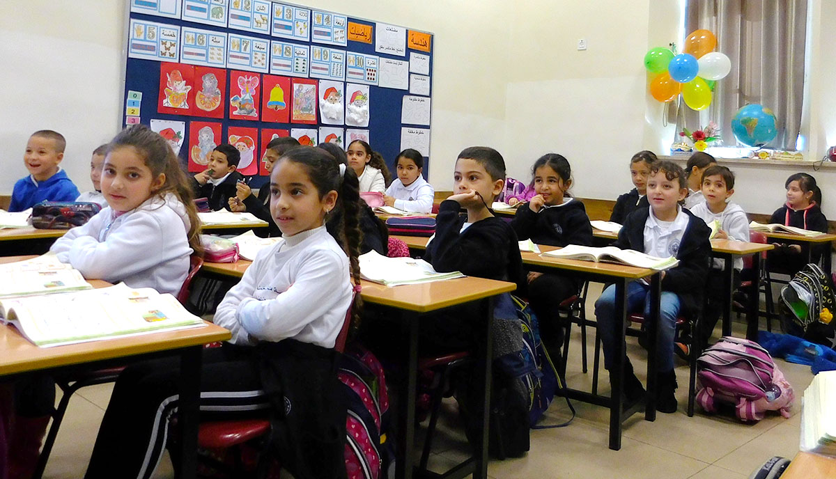 A photo of young students in a classroom at St. John's Episcopal School in Haifa, Israel