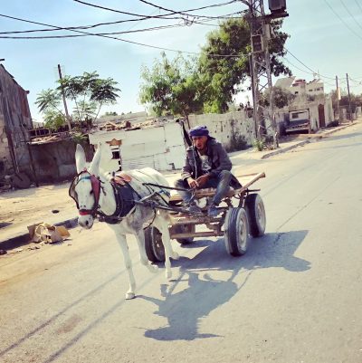 A photo of a man being pulled behind a donkey in his cart near Ahli Arab Hospital.