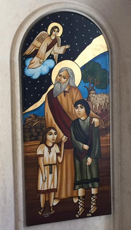 a painting in the chapel of Holy Land Institute for the Deaf of Abraham with his sons Ishmael and Isaac